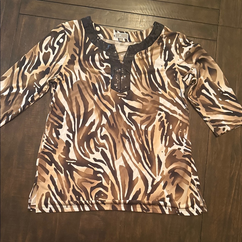 JM Collection Brown Zebra Print Women's Blouse